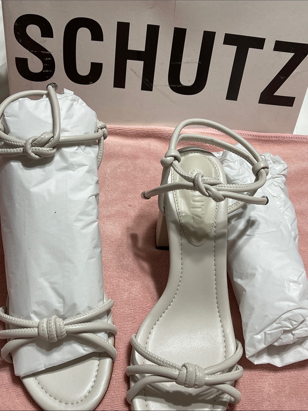 SCHUTZ White Knot Strap Block Heel Sandals